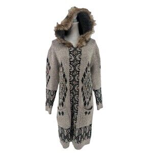 Northern Angel Hooded Zip Cardigan Large Southwest Aztec Boho Faux Fur Long